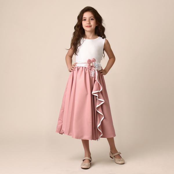 Girl Double Flower Bunch Peach / White Fancy Frock