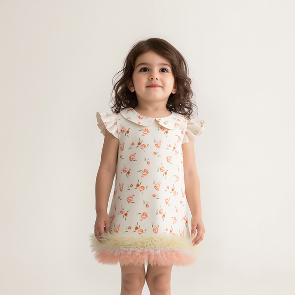 Baby Girl Peach Flowers Frill Fancy Frock