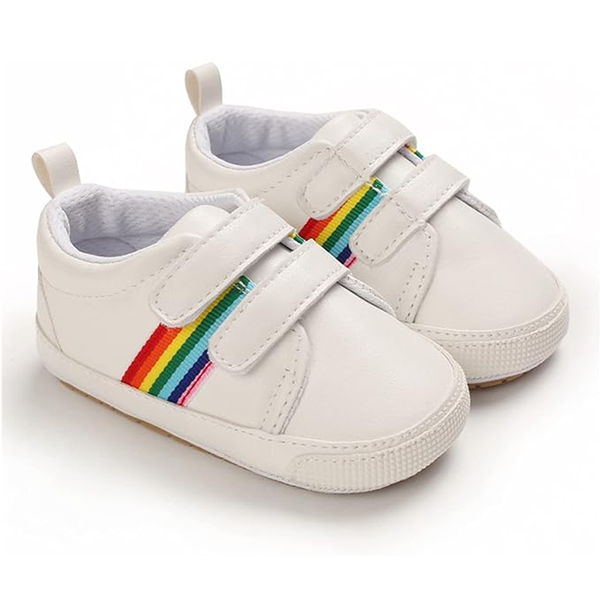 Baby Girl White Stick on Rainbow Shoes Walking Sole