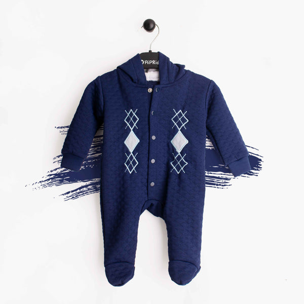 Baby boy Navy Blue Embroidered romper with hoodie