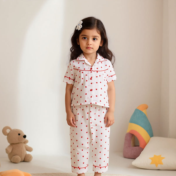 Baby Girl Muslin Red Heart Print Night Suit