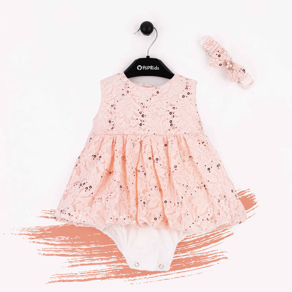 Baby Girl Peach Sequence Toto Frock With Headband