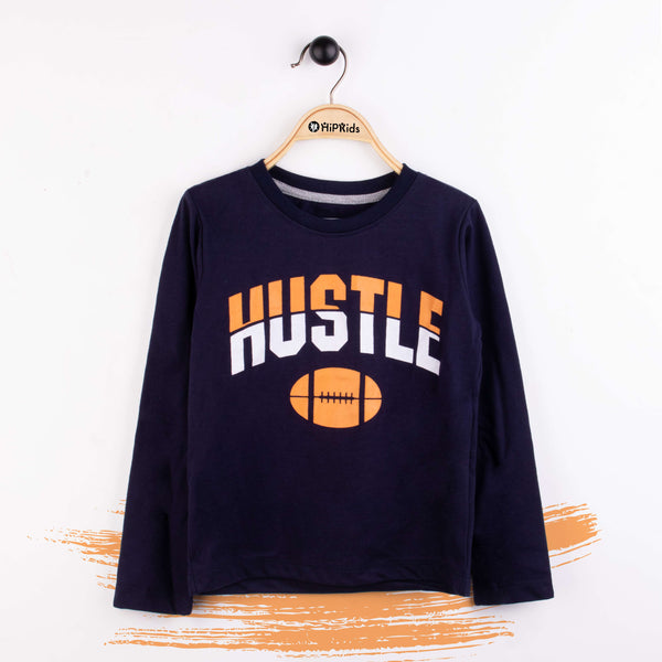 Boy Long Sleeve T-Shirt Navy Blue Hustle Print