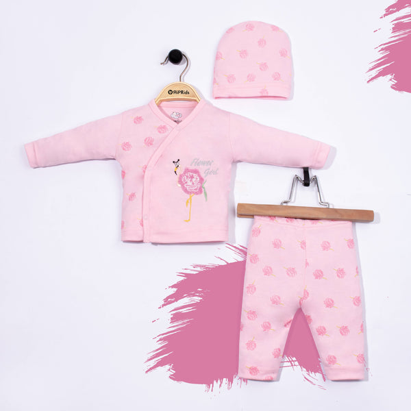 Baby Girl 3 Piece Set Pink Embroidered Ostrich