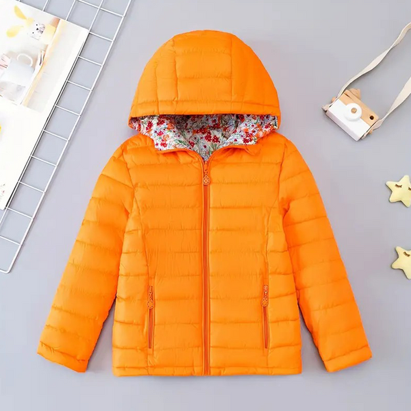 Girl Orange Reversible Daisy Lined Versatile Zip Hooded Cotton-Padded Jacket