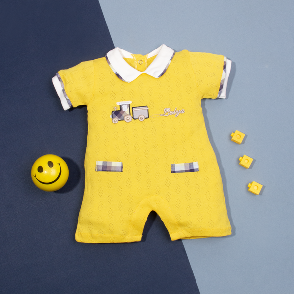 Baby Boy Yellow Train Embroidered Half Romper