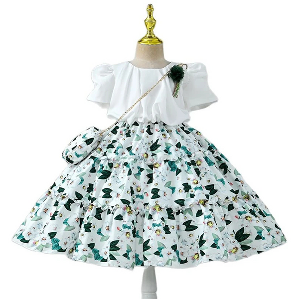 Girl Fancy Green Flower Digital Print Frock With Bag