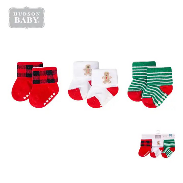 Hudson Baby 3pk Socks anti Slip Red Checked Print