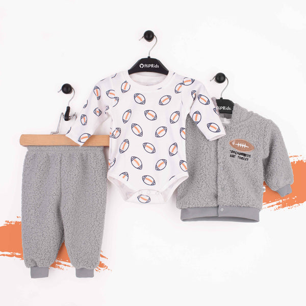 Baby Boy 3 Piece Set Grey rugby ball