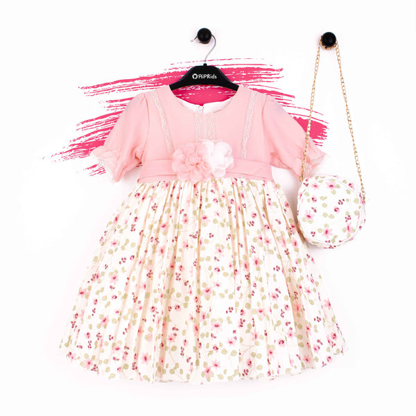 Baby Girl Pink Lace Digital Print Frock With bag