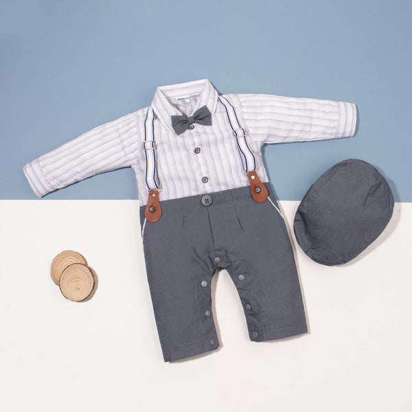 Baby Boy 3 Piece Grey Stripes Formal Romper