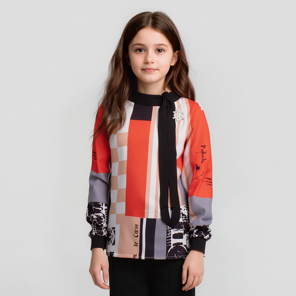 Girl Rust Writing and checked Print top