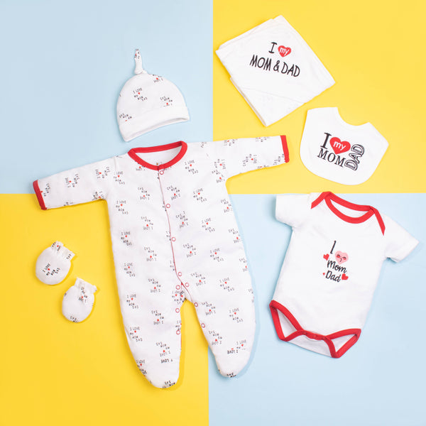 Baby Unisex 6 Piece Starter Set White I Love Mom Dad