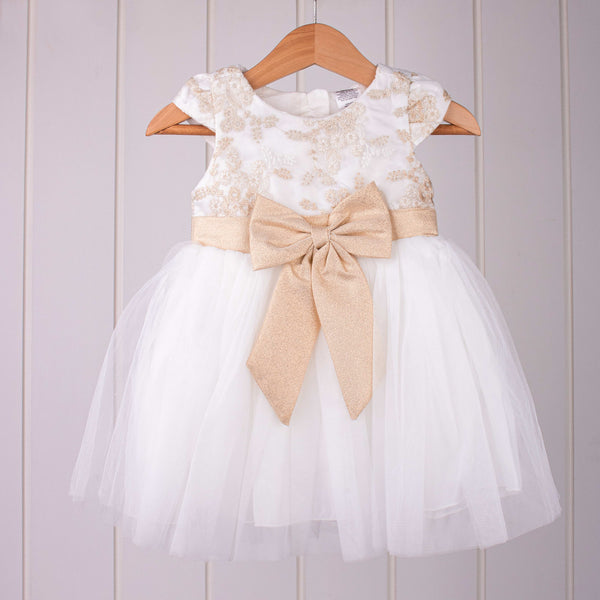 Baby Girl Golden / White Embroidered Zari Fancy Frock