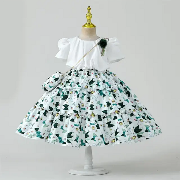 Girl Gown Classic Flower Dress Bag Set Elegant Floral Short Sleeve Fancy Frock