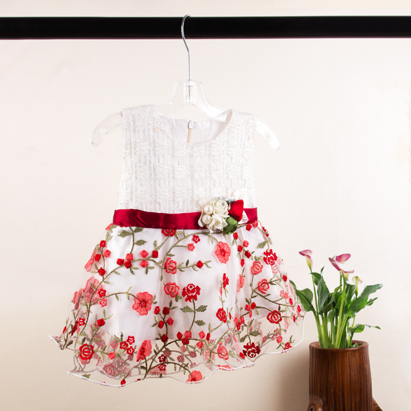 Baby Girl Red Belt Flower Red Embroidered Fancy Frock