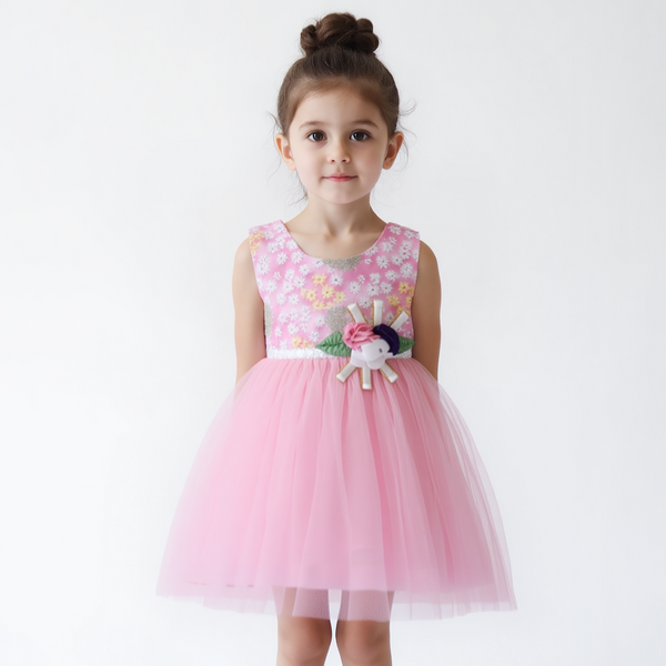 Baby Girl Pink Multi Embroidered Flowers Fancy Frock