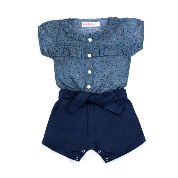 Baby Girl Navy Blue Flowers Print Jumpsuit