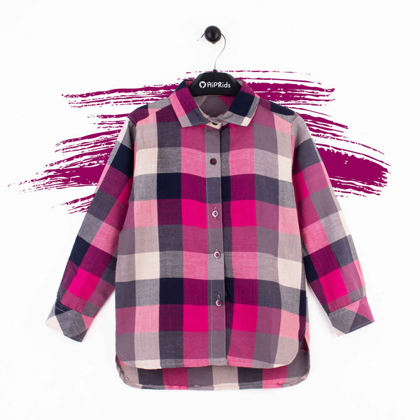 Girl Dark Pink Checked Print Shirt