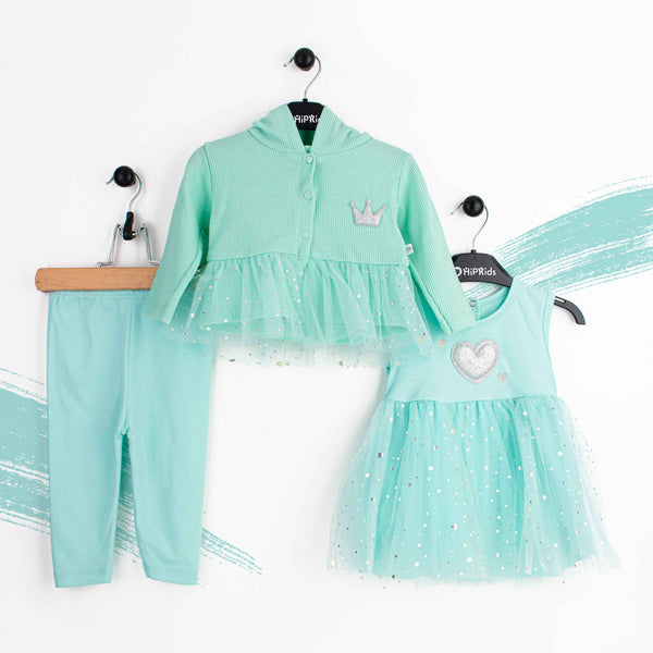 Baby girl 3 Piece Set Sea Green 3D Heart