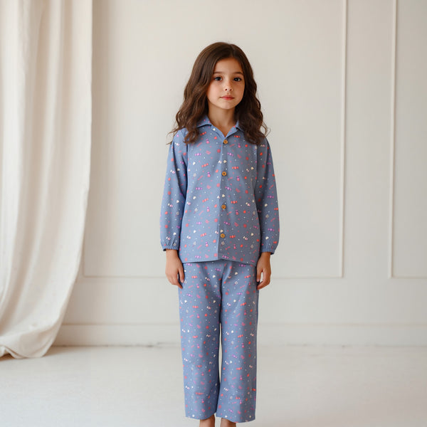 Girl Blue Flowers Heart Print Ord Set
