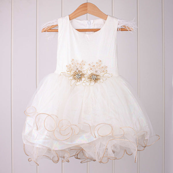 Baby Girl White/Golden Fancy Bunch Fancy Frock