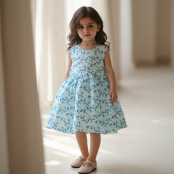 Girl White Blue Flowers print Cotton frock