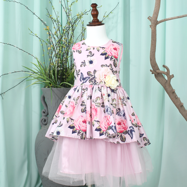 Baby Girls Pink Floral Print Fancy Frock