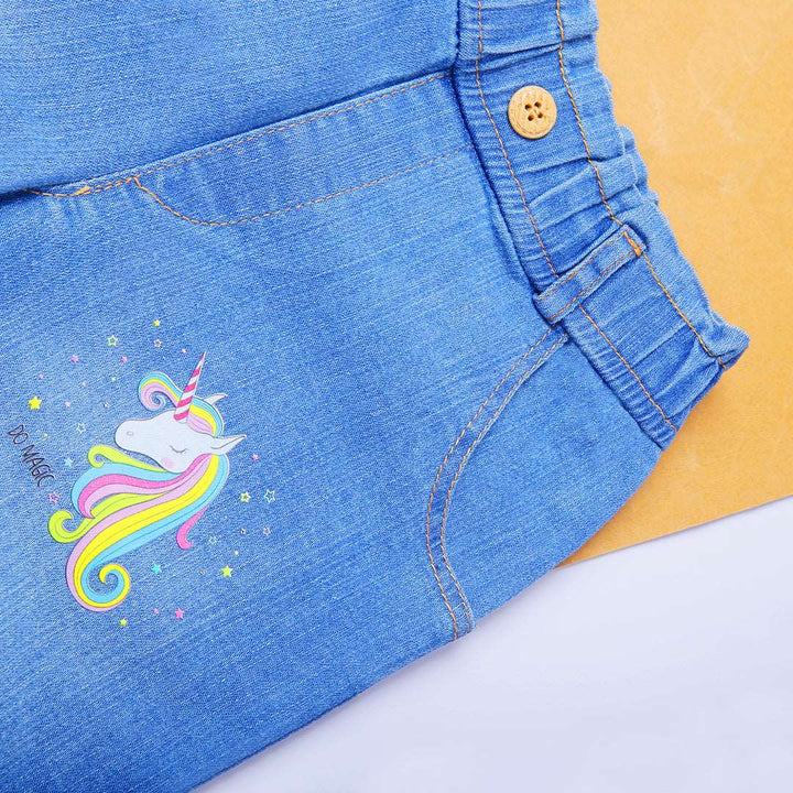 Baby Girl Ice Blue Unicorn Print Jeans