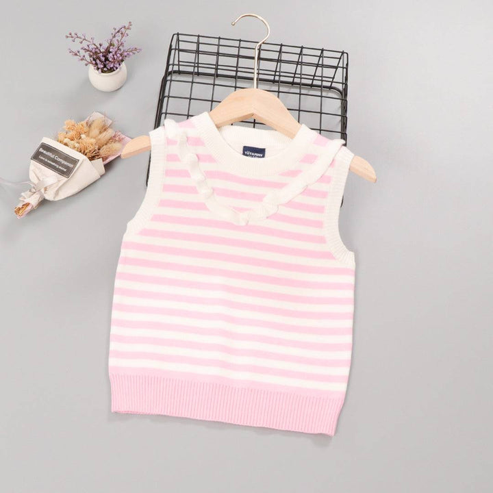 Girl Sleeveless Baby Pink Stripes Print Sweater