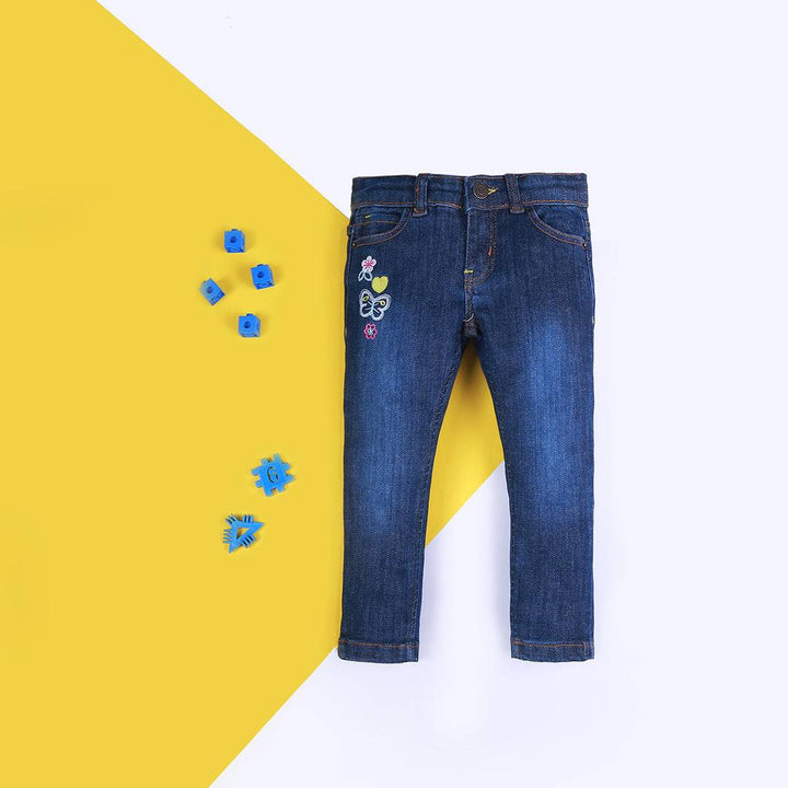 Baby Girl Fancy Mid Blue Embroidered Jeans