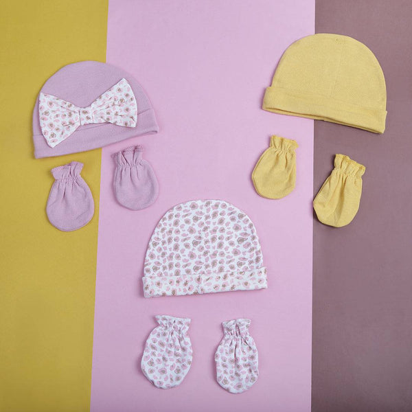 Baby Girl 3Pk Caps With Mittens Set Stone Print