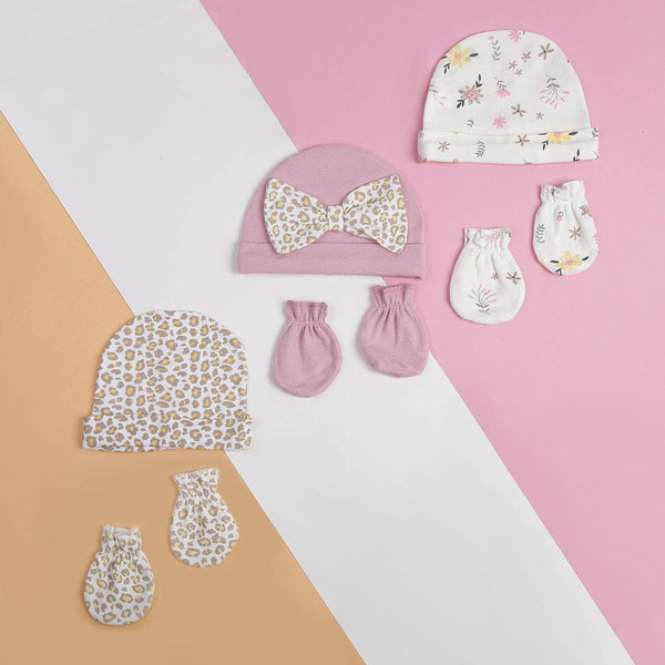 Baby Girl  3Pk Caps With Mitten Set Leaf Print
