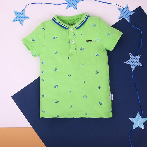 Boys Polo T-Shirt Green Planets Print