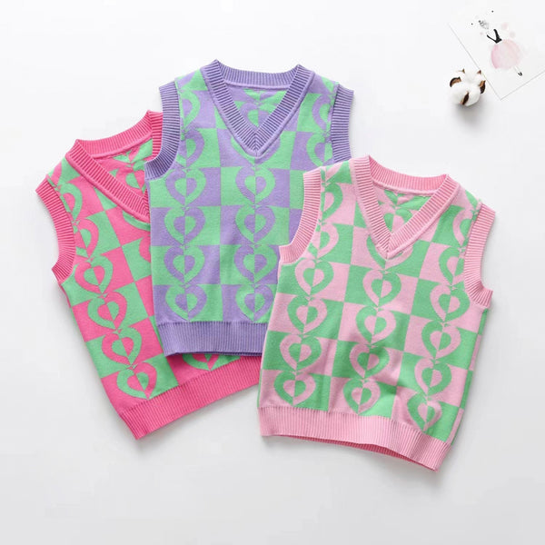 Baby Girl Sleeveless Multi Heart Print Sweater Multiple Color
