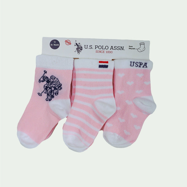 U.S. Polo Assn Baby 3pk Socks Pink/White Heart Print