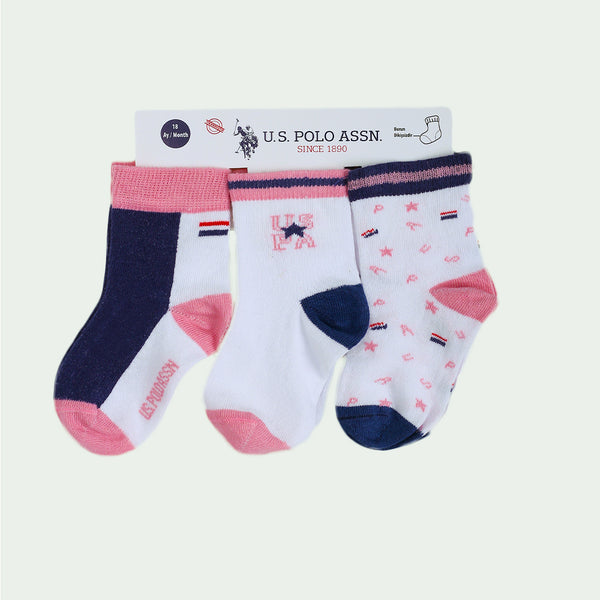 U.S. Polo Assn Baby 3pk Socks Pink/White Print