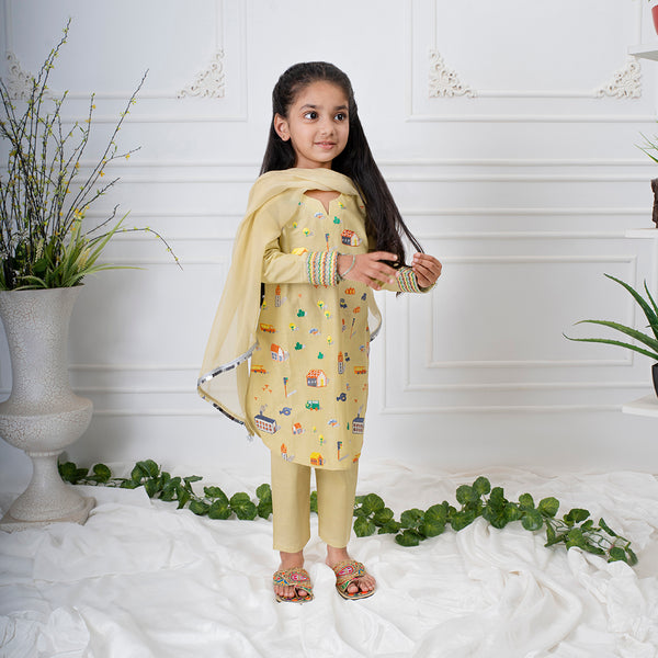 Ready To Wear 3pc Embroidered Fine Cotton Shirt With Dyed Chiffon Dupatta & Cotton Trouser