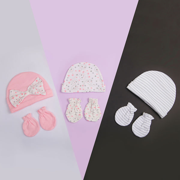 Baby Girl 3Pk Caps With Mittens Set Cloud Print