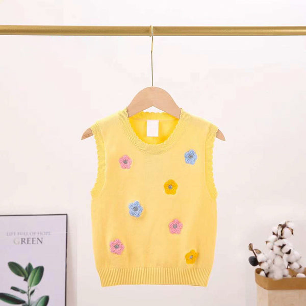 Girl Lemon Multi Flowers Sleeveless Sweater